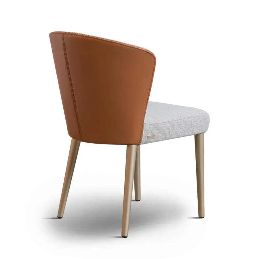 Distinguished Formitalia Iside chair with curved brown leather backrest and light gray fabric seat built with satin brass legs