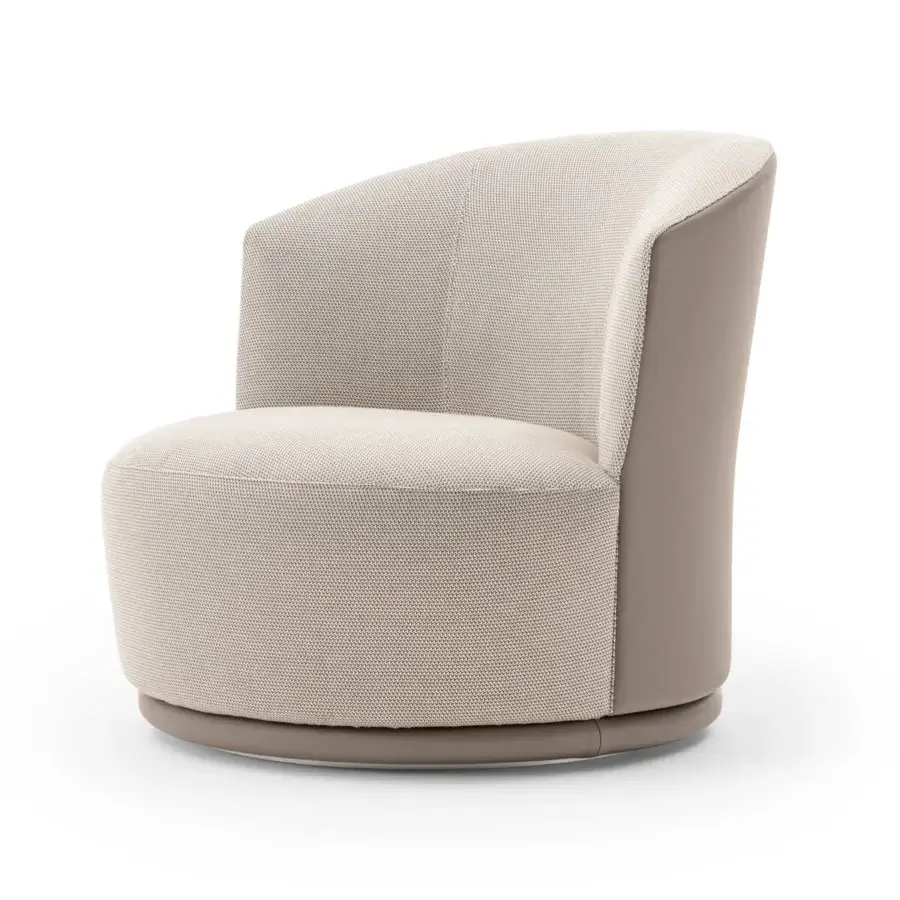 Sophisticated Turri Blues lounge chair with swivel base, light beige textured weave and taupe leather accents for comfortable seating