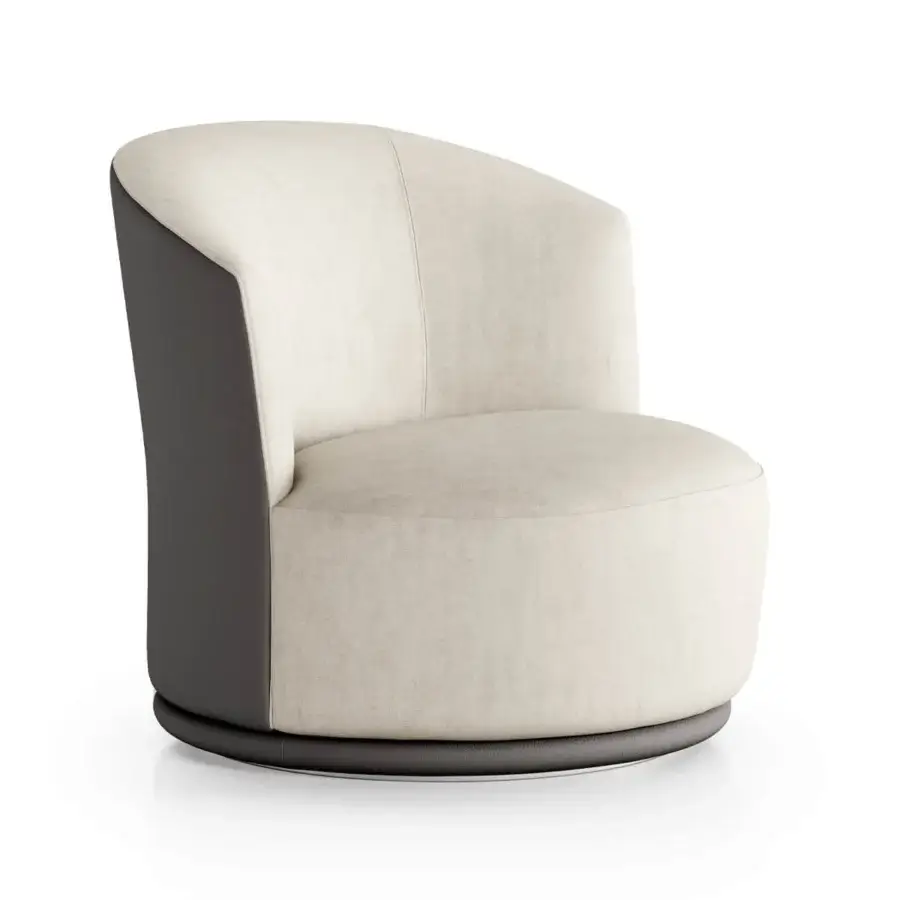 Lavish Turri Blues lounge chair with a swivel base, light beige textile upholstery and dark gray leather accents