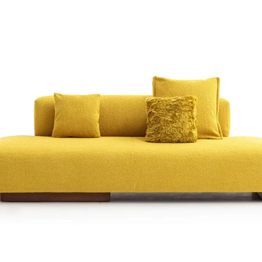 Exceptional Moroso Loveland sofa in vibrant yellow textile with tubular steel runners and solid ash feet crafted with quilted finish