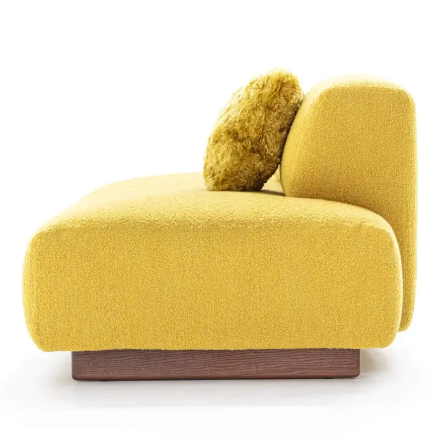 Distinguished Moroso Loveland sofa crafted in mustard yellow nubby textile with dark brown ash wood varnished feet and matching pillow