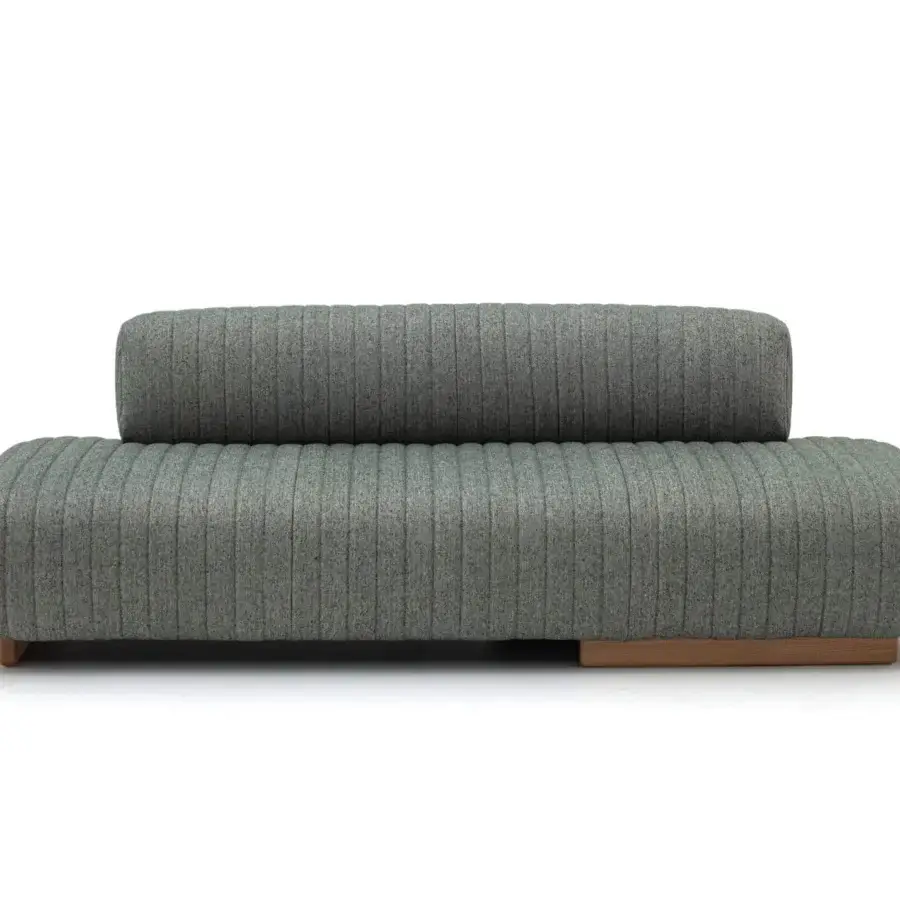 Superior Moroso Loveland sofa in textured gray textile with quilted finish and varnished ash wood feet