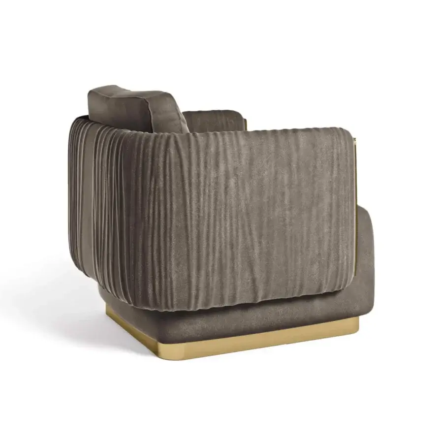 Elegant Formitalia Jacqueline lounge chair in muted brown fabric with gold lacquered base and vertical pleats