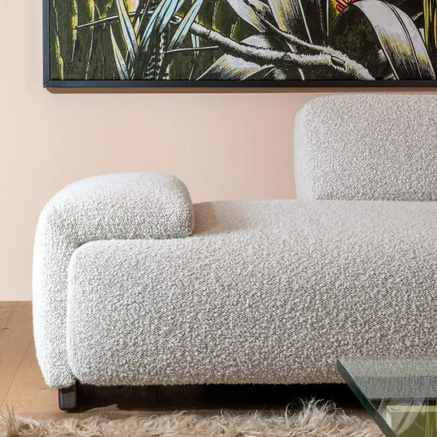 Exceptional Moroso Loveland sectional crafted with light beige woven textile and dark varnished ash wood feet