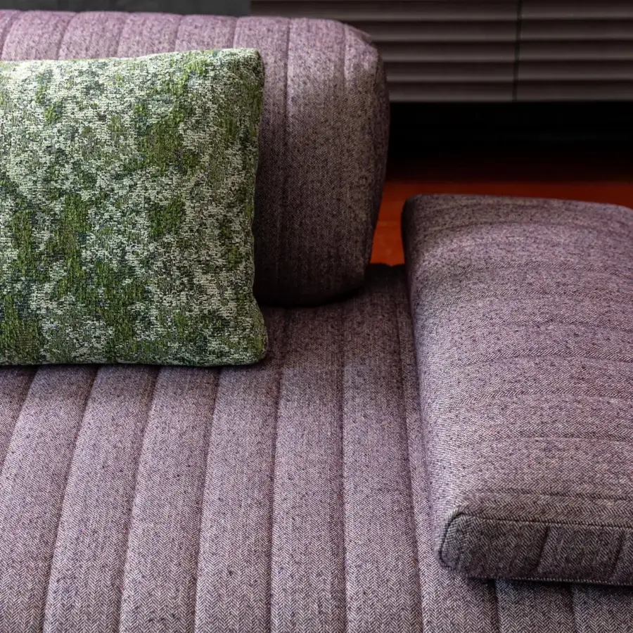 Distinguished Moroso Loveland sectional in muted purple textile with ash wood varnished feet and rectilinear form