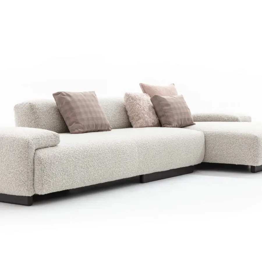 Lavish Moroso Loveland sectional in light beige textured textile with varnished ash wood feet