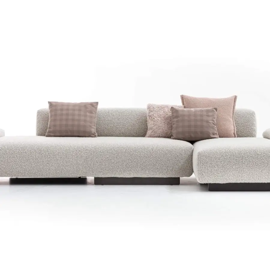 Exceptional Moroso Loveland sectional in light gray textured textile with ash wood varnished feet
