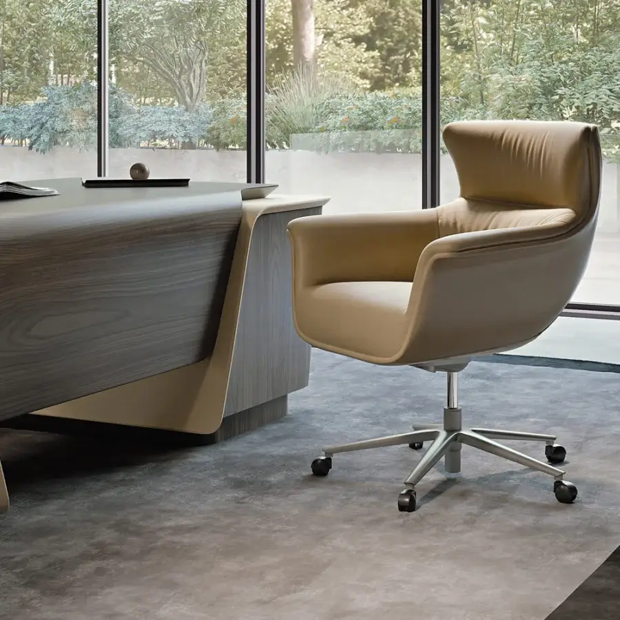 Elegant Turri Blues desk in walnut wood with a dark grayish-brown finish and lighter accent panels, available with matching leather mat