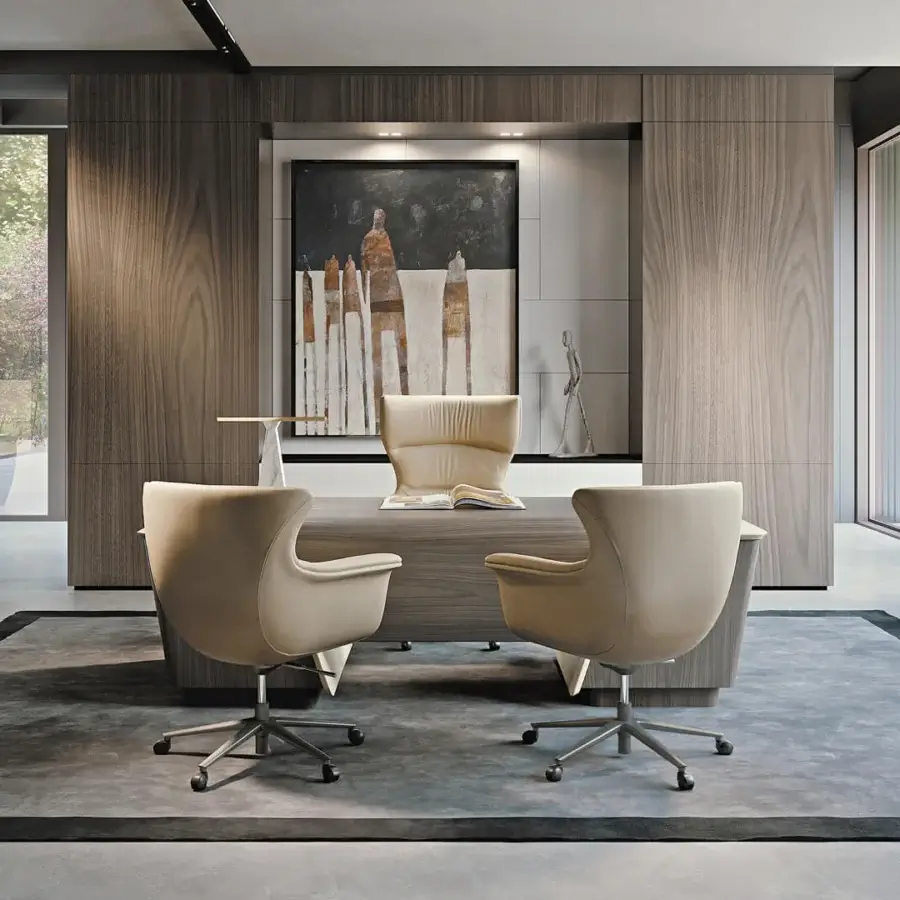 Distinguished Turri Blues desk crafted from walnut wood with leather accents and a smooth matte finish