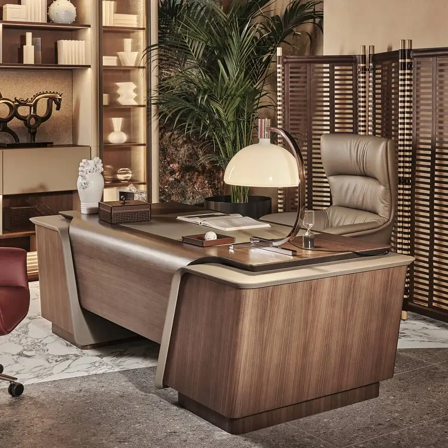 Superior Turri Blues desk crafted from walnut wood and leather with a smooth matte finish and curved geometric lines