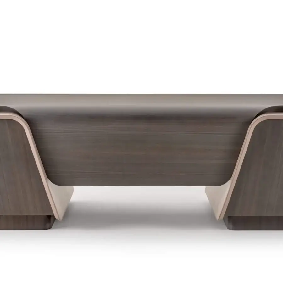 Elegant Turri Blues desk crafted from walnut wood and leather with a dark brown grain tabletop and trapezoidal side panels