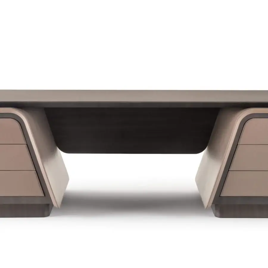 Captivating Turri Blues desk built in walnut wood with tan leather drawer fronts and a dual-tone finish