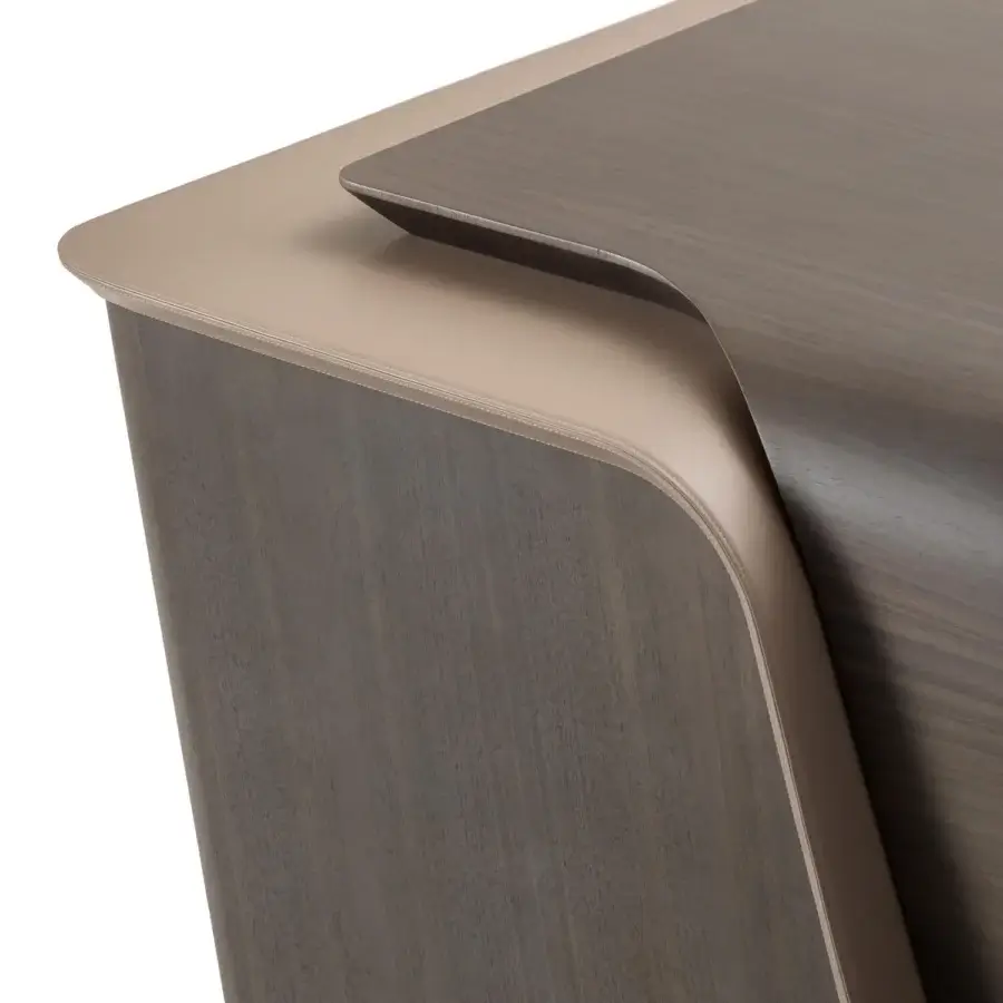 Superior Turri Blues desk with curved form built in walnut wood and dark brown leather accents