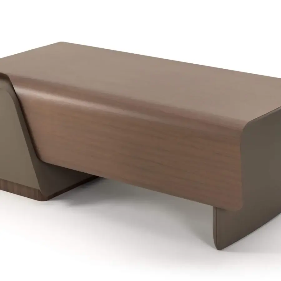 Distinguished Turri Blues desk crafted in walnut wood with muted brown leather side panels and smooth matte finish