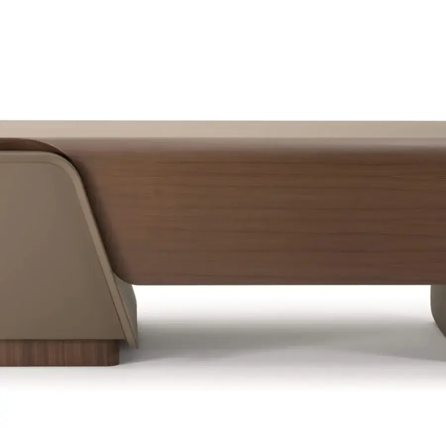 Lavish Turri Blues desk crafted in walnut wood with taupe leather accents and a smooth finish
