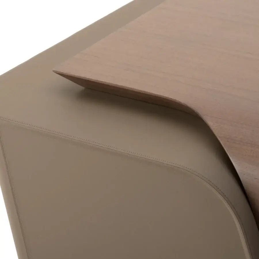 Distinguished Turri Blues desk crafted with walnut wood legs and drawers in matte taupe leather with a medium-toned brown finish