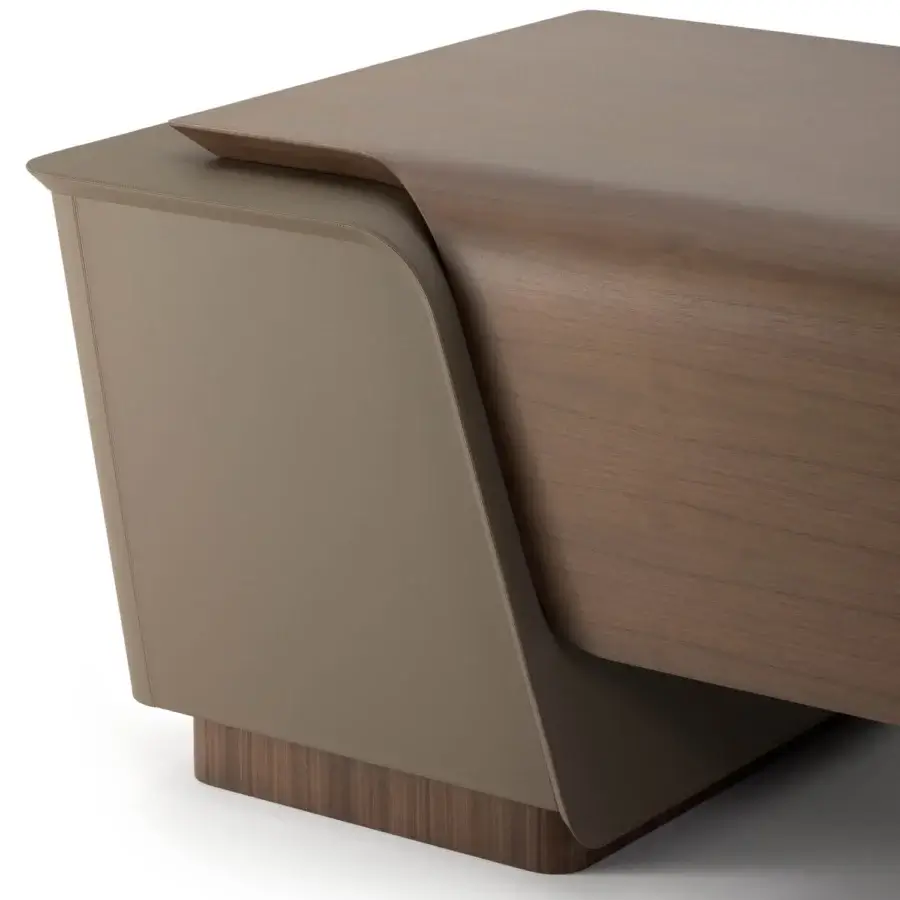 Exceptional Turri Blues desk crafted with walnut wood and taupe leather accents with a smooth finish
