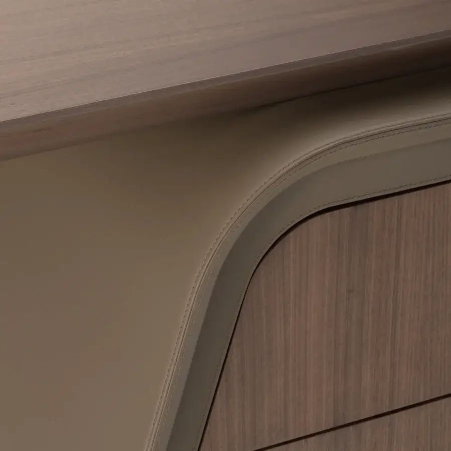 Elegant Turri Blues desk built with walnut wood and light beige leather detailing in a matte finish