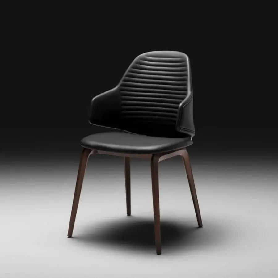 Exceptional Reflex Vela chair in black leather and resin with a Canaletto walnut wooden base crafted with horizontal stitching