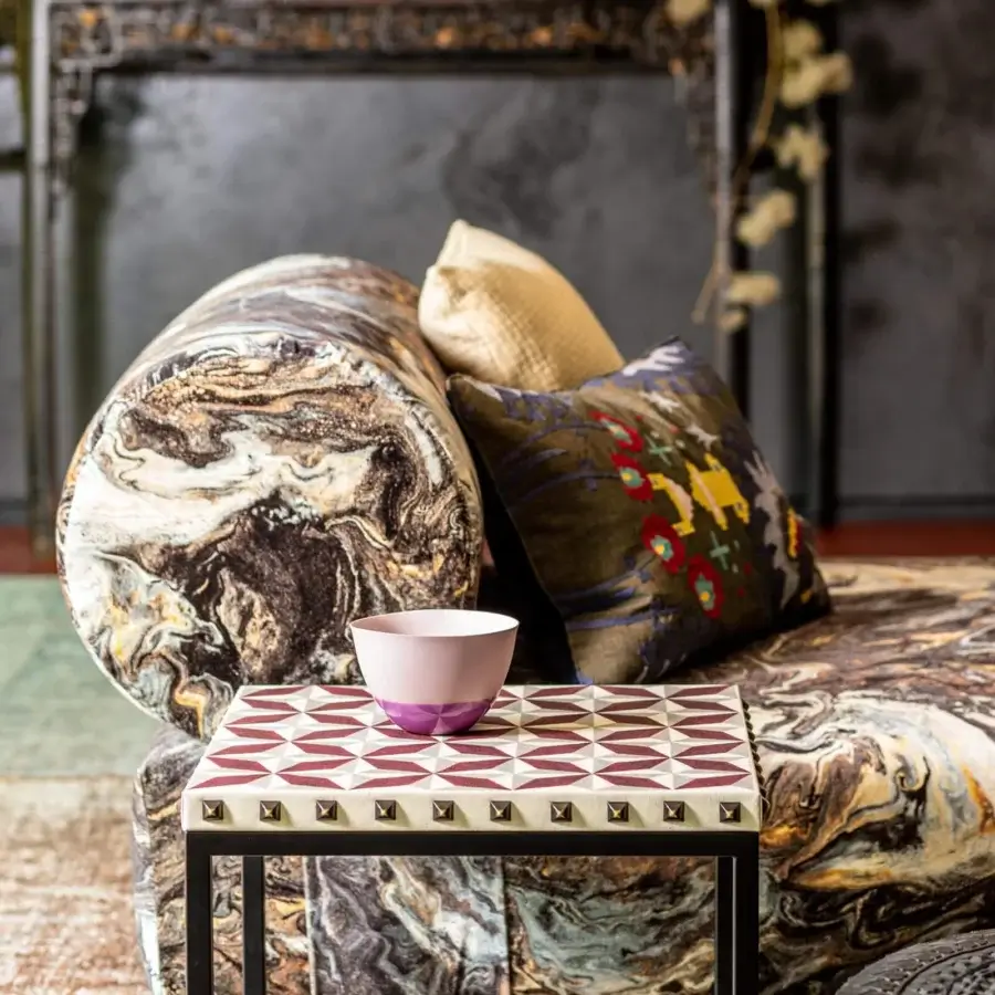 Exceptional Moroso Salon Nanà coffee table with geometric printed cotton canvas and steel stud detailing in RAL 9005 powder coat finish