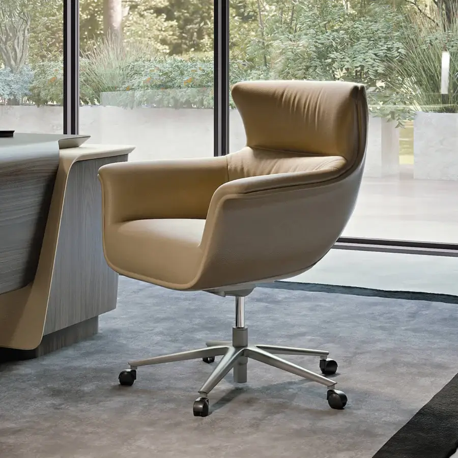 Distinguished Turri Blues armchair with enveloping ergonomic Italian leather and height-adjustable swivel base in a smooth tan finish