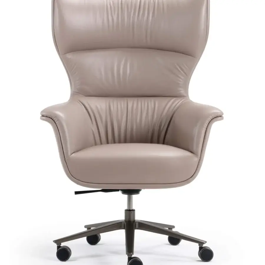 Elegant Turri Blues armchair with enveloping high backrest upholstered in smooth light taupe material and dark-toned swivel base