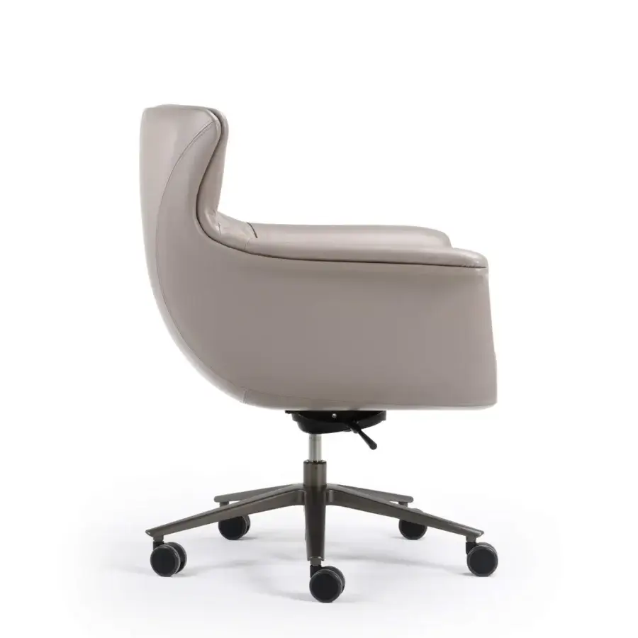 Elegant Turri Blues armchair with enveloping seat upholstered in muted gray synthetic leatherette and height-adjustable metal swivel base