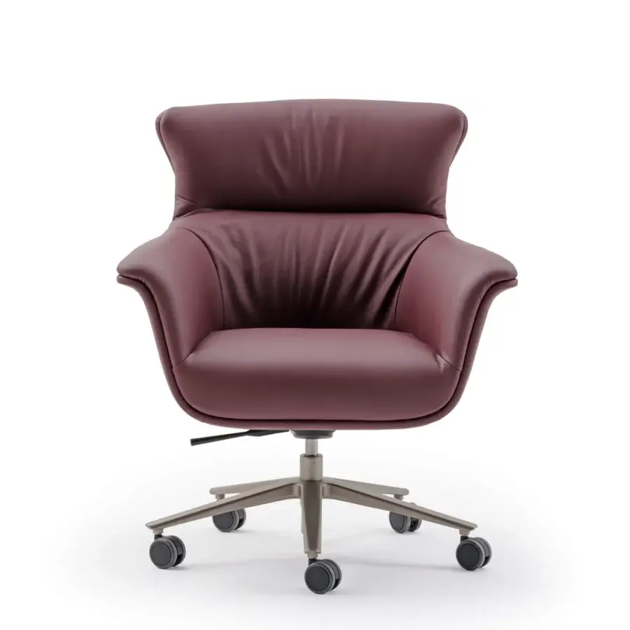 Superior Turri Blues armchair with enveloping backrest and height-adjustable swivel base in burgundy Italian leather with smooth matte finish