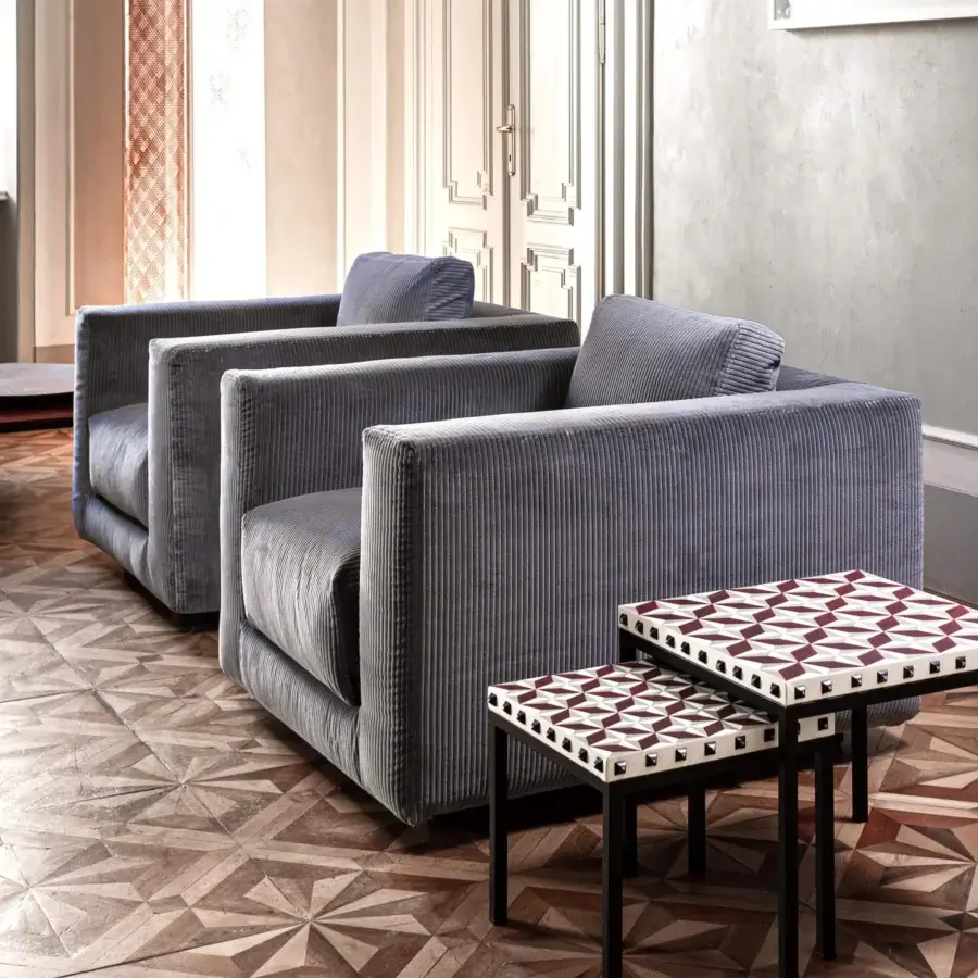Exceptional Moroso Salon Nanà lounge chair with medium gray corduroy textile and solid beech feet