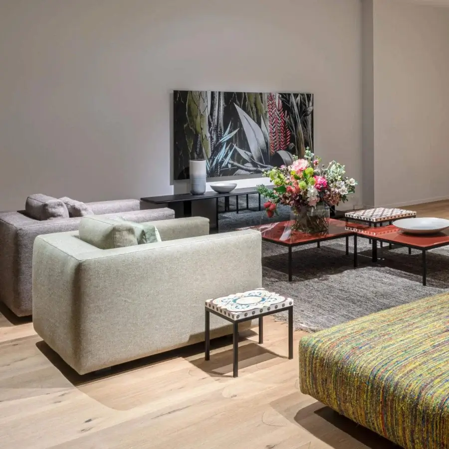 Exceptional Moroso Salon Nanà lounge chair with light beige textile upholstery and skilled beech construction