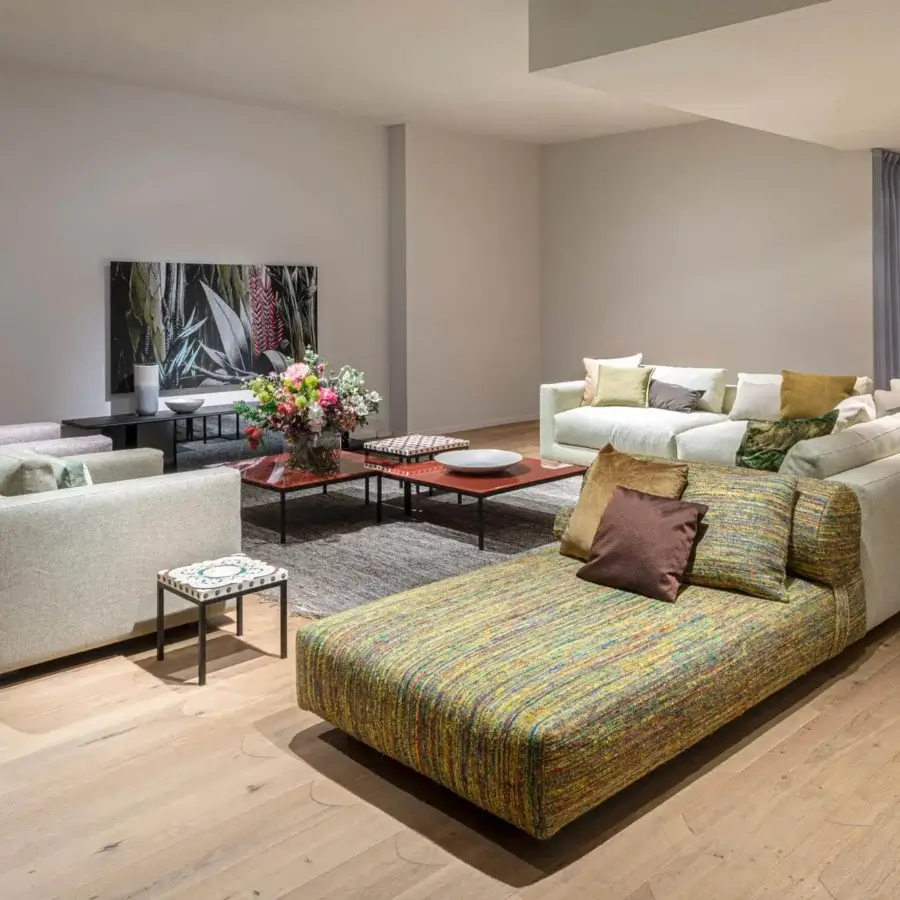 Distinguished Moroso Salon Nanà lounge chair with multicolored striped textile upholstery and solid beech feet