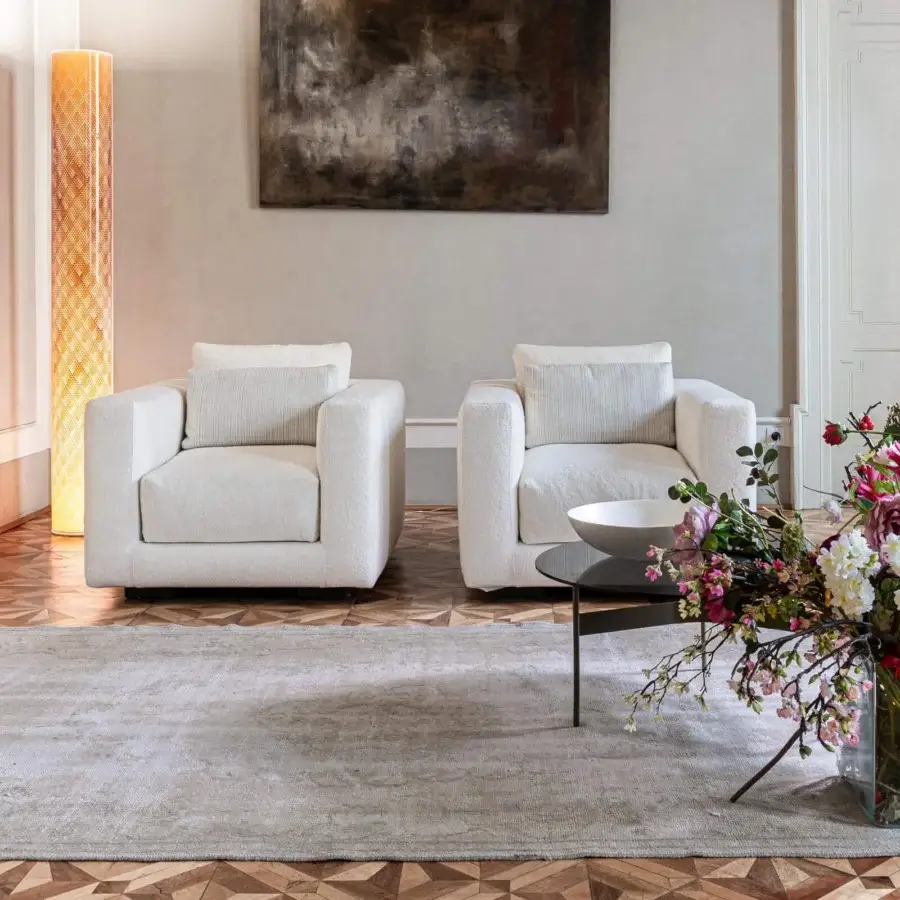 Lavish Moroso Salon Nanà lounge chair with light cream plush textile upholstery and stained solid beech feet
