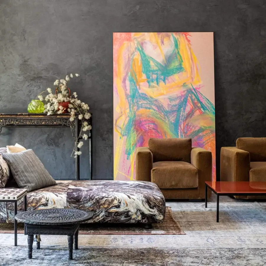 Distinguished Moroso Salon Nanà chaise lounge with swirling marbled textile upholstery and turned beech feet crafted with a matte finish