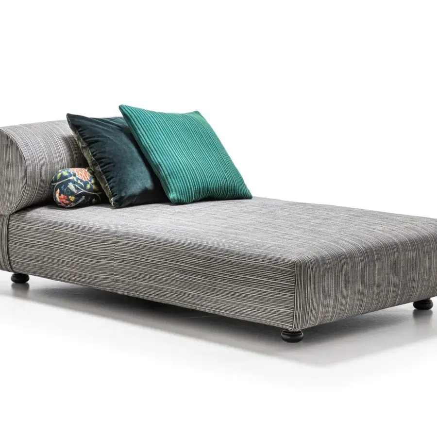 Lavish Moroso Salon Nanà chaise with striped gray textile upholstery and dark-stained beech feet crafted for relaxing comfort