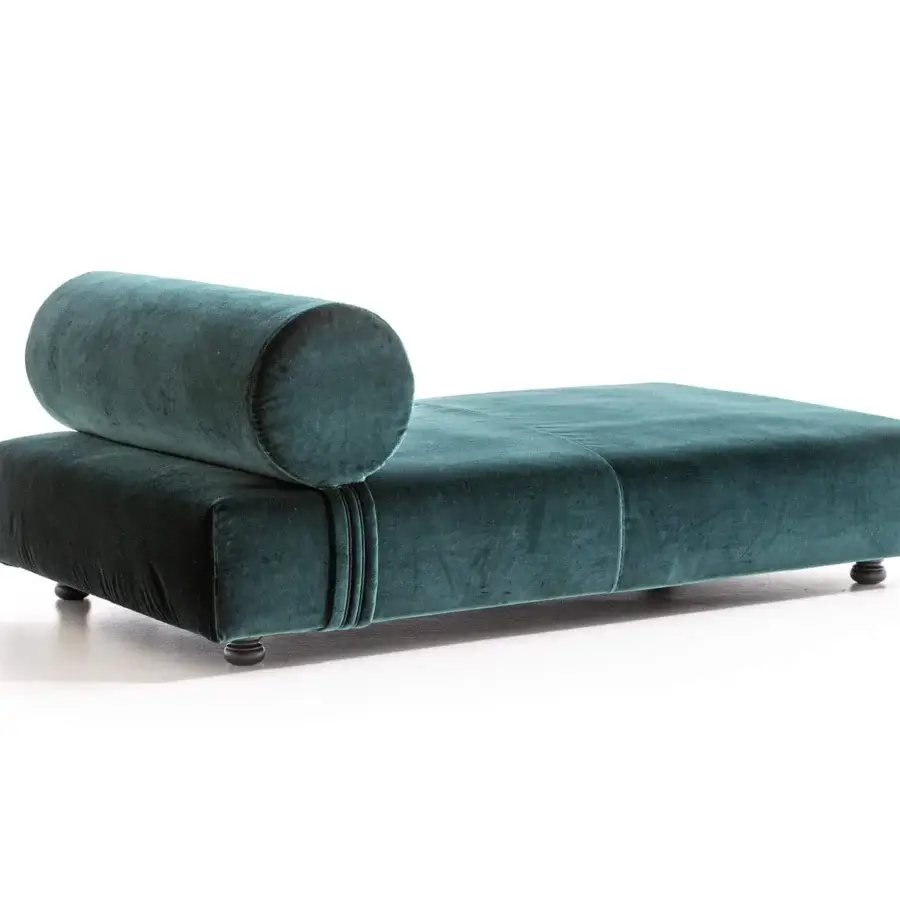 Distinguished Moroso Salon Nanà chaise lounge upholstered in dark teal textile with matte finish and solid stained beech feet