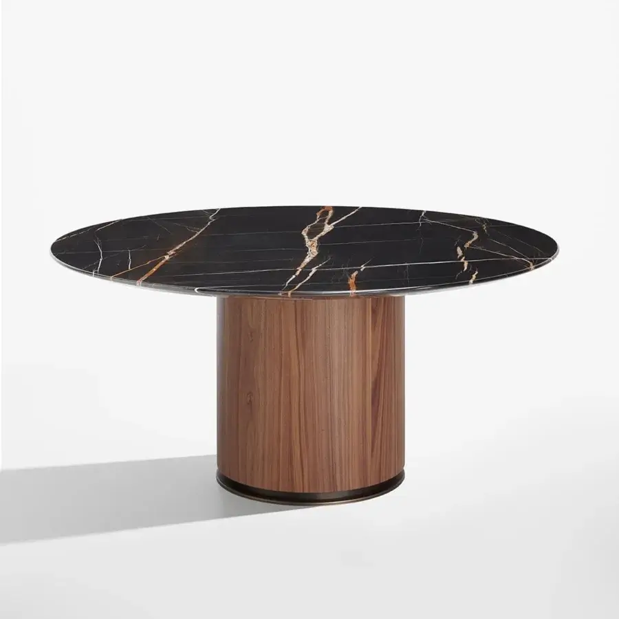Exclusive Potocco Otab table with oval black marble-like surface and stained Canaletto walnut cylindrical base crafted with bronzed brass detail