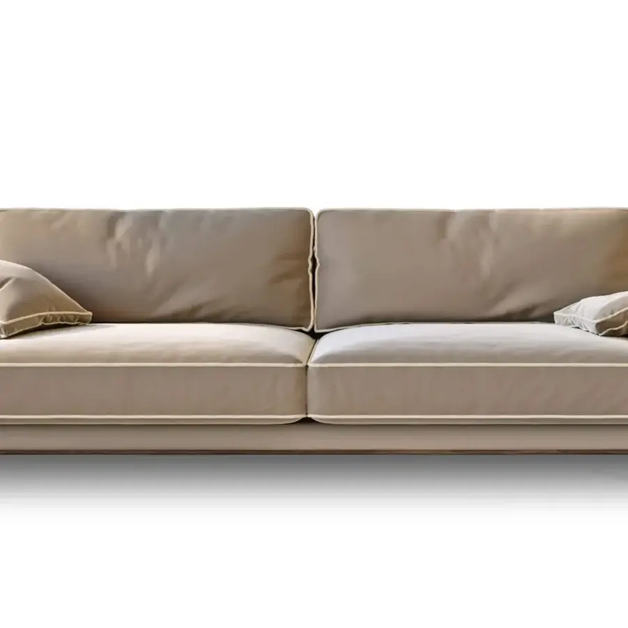 Distinguished Turri Blues sofa with neutral beige textile, walnut wood base and tubular metal legs, crafted with white piping