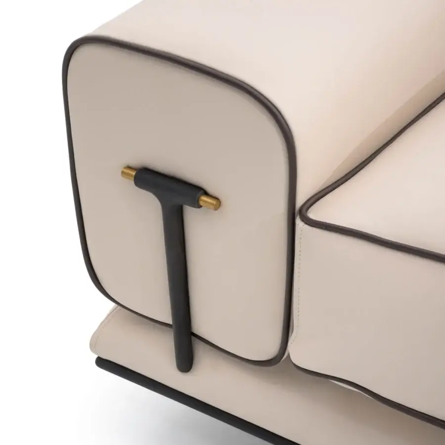 Exceptional Turri Blues sofa with light beige upholstery, walnut wood base and tubular metal legs built with distinctive armrest details
