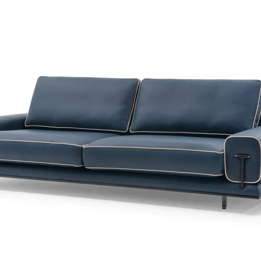 Superior Turri Blues sofa with smooth medium blue leather, linear walnut wood base and T-shaped metal legs