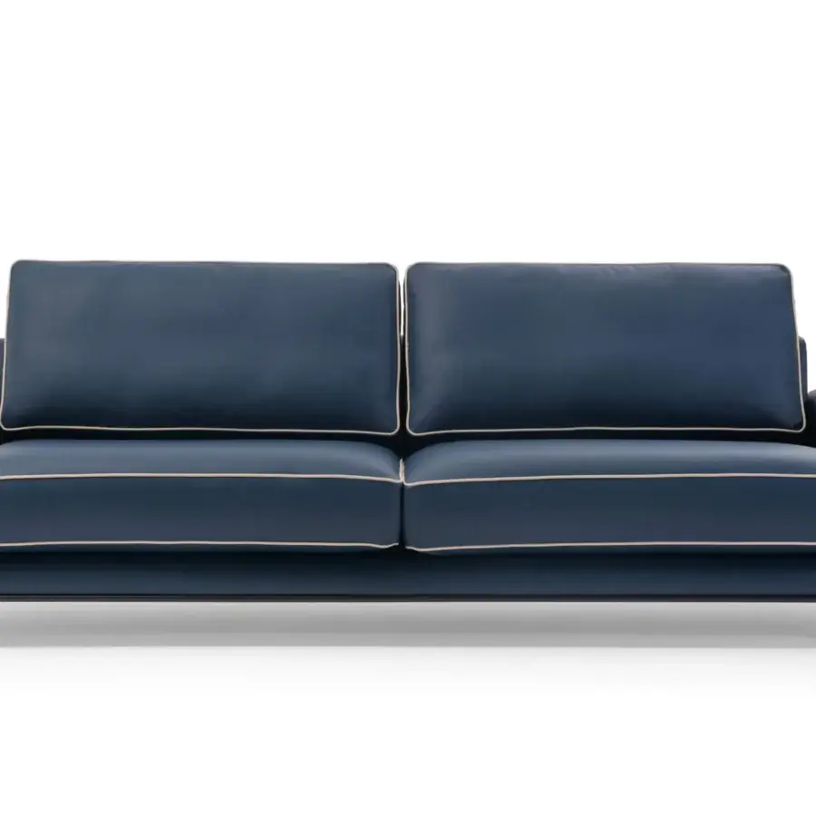 Distinguished Turri Blues sofa with dark blue fabric, light beige piping and linear walnut wood with tubular metal legs