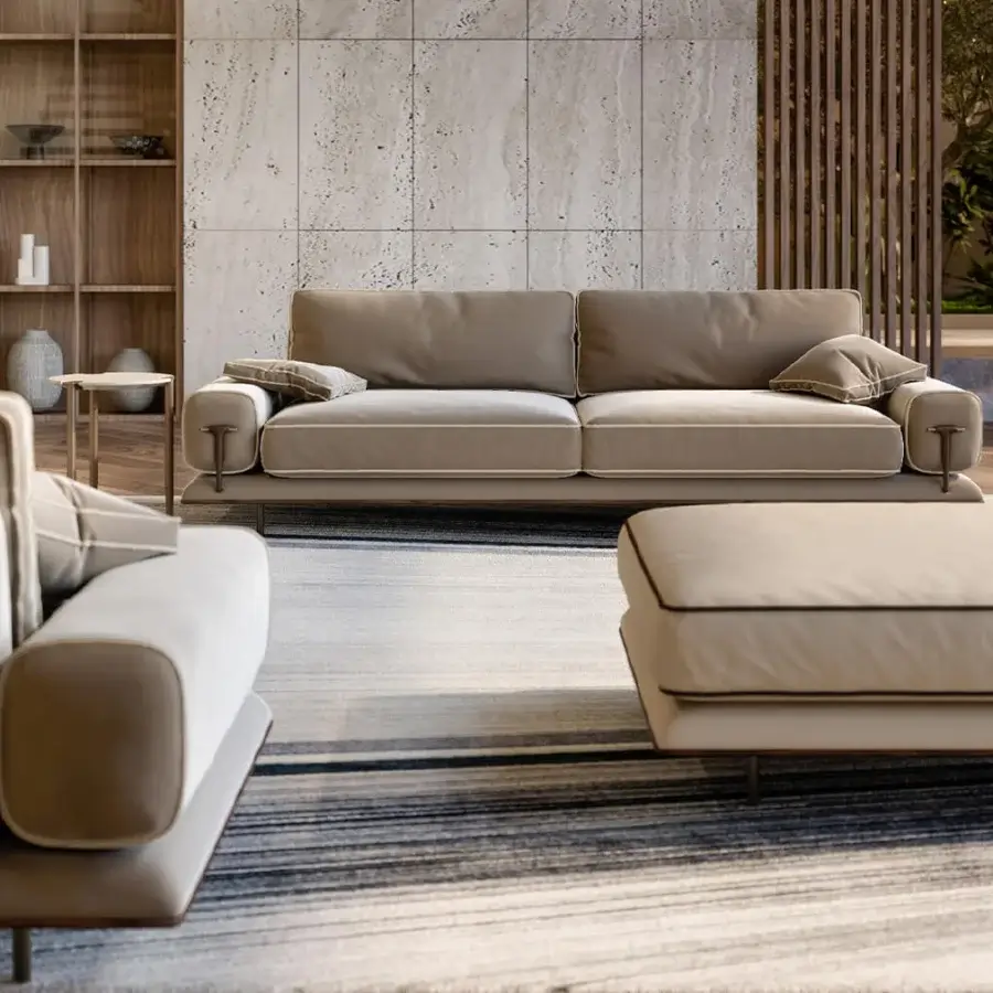 Exclusive Turri Blues sofa with muted beige textile upholstery, linear walnut wood and tubular metal legs