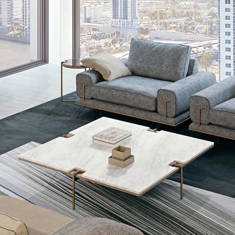 Distinguished Turri Blues lounge chair in textured gray fabric with Canaletto walnut and brass-toned metal details, plus a beige cushion