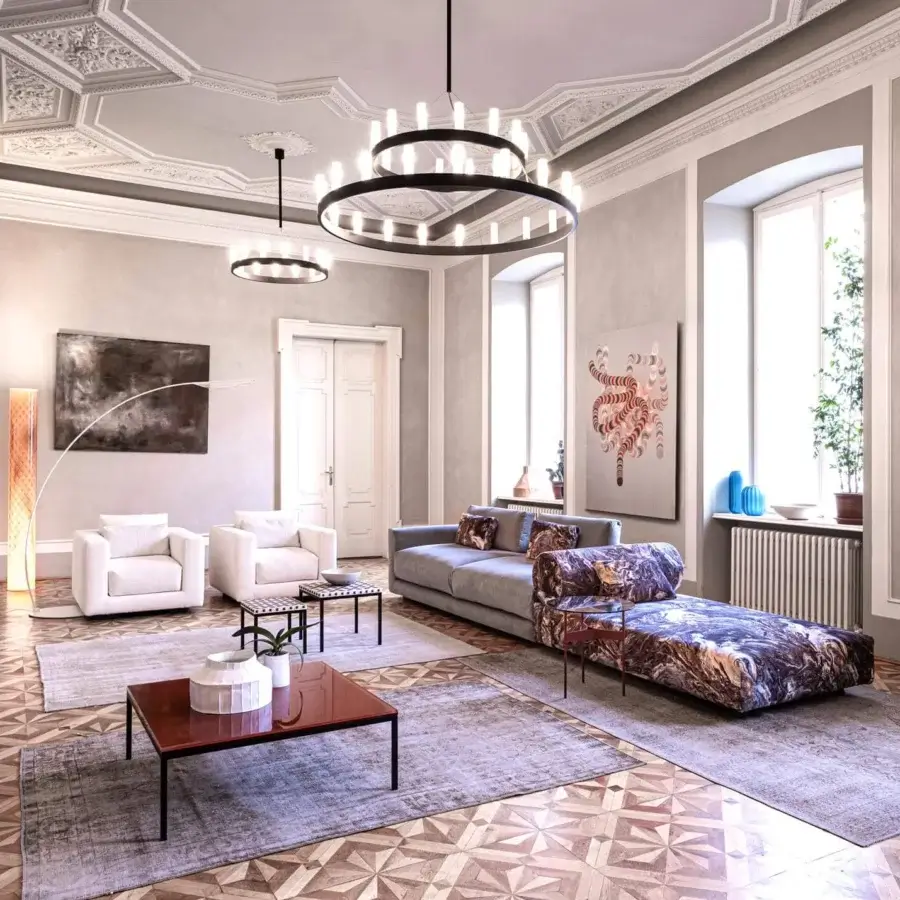 Distinguished Moroso Salon Nanà sectional with light gray upholstery and a blue, brown, white patterned chaise built with a wooden structure and metal legs