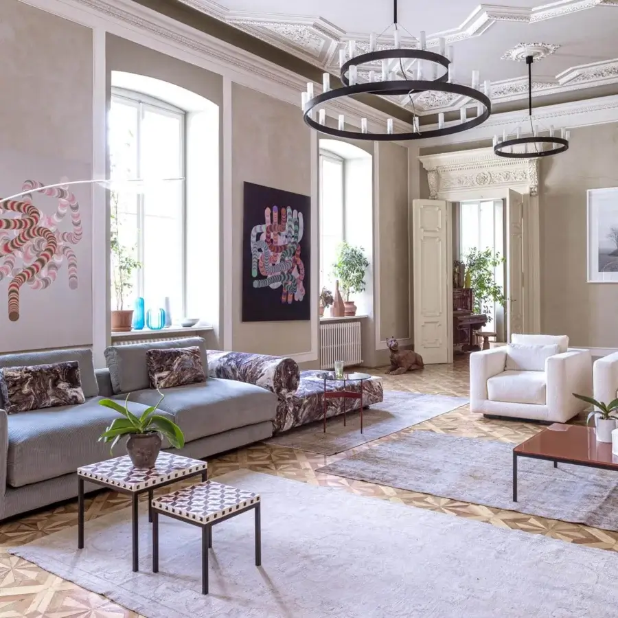 Exceptional Moroso Salon Nanà sectional with light gray corduroy textile and dark marbled cushions built with a wooden structure
