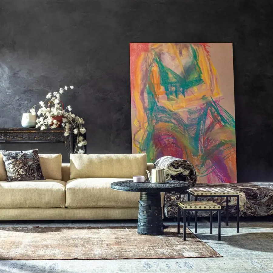 Superior Moroso Salon Nanà sectional with muted beige textile upholstery and stained solid beech feet