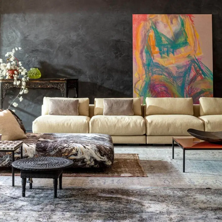 Lavish Moroso Salon Nanà sectional with beige textured upholstery, a wooden structure, and a marbled brown chaise lounge component