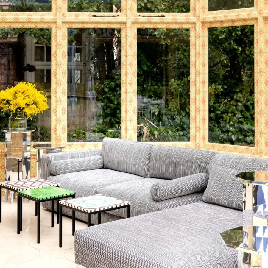 Exceptional Moroso Salon Nanà sectional with striped gray textile upholstery and solid beech feet with dark stain