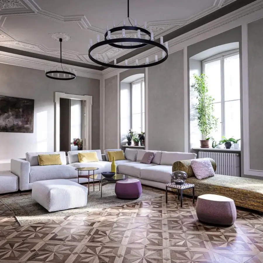 Captivating Moroso Salon Nanà sectional with striped neutral textile upholstery, patterned sections and stained beech feet