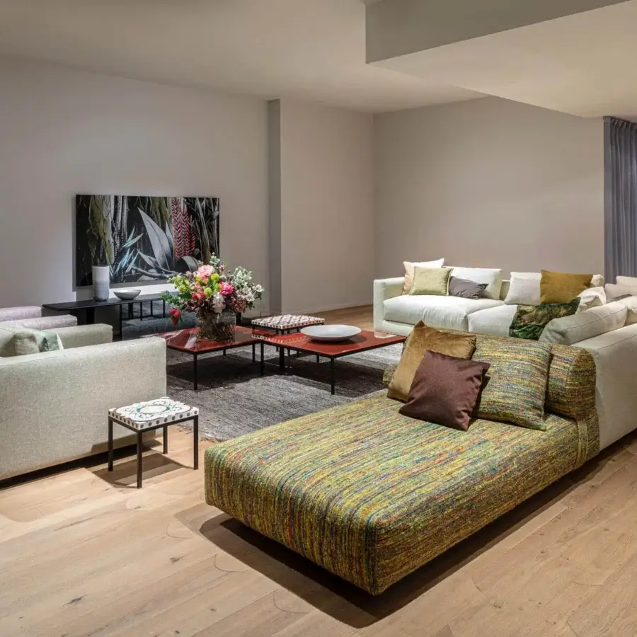 Distinguished Moroso Salon Nanà sectional with light beige and multicolored woven textile upholstery, solid beech feet