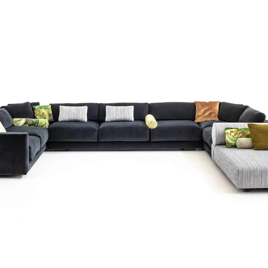 Superior Moroso Salon Nanà sectional with dark textured textile upholstery and contrasting earth-toned cushions built with solid beech feet